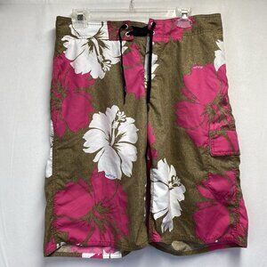 HURLEY INTL Tie Waist Board Shorts Men S/M Pink-Brown Floral Hook Side Pocket